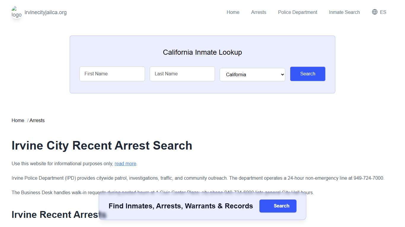 Irvine, CA Arrests, Active Warrants Lookup