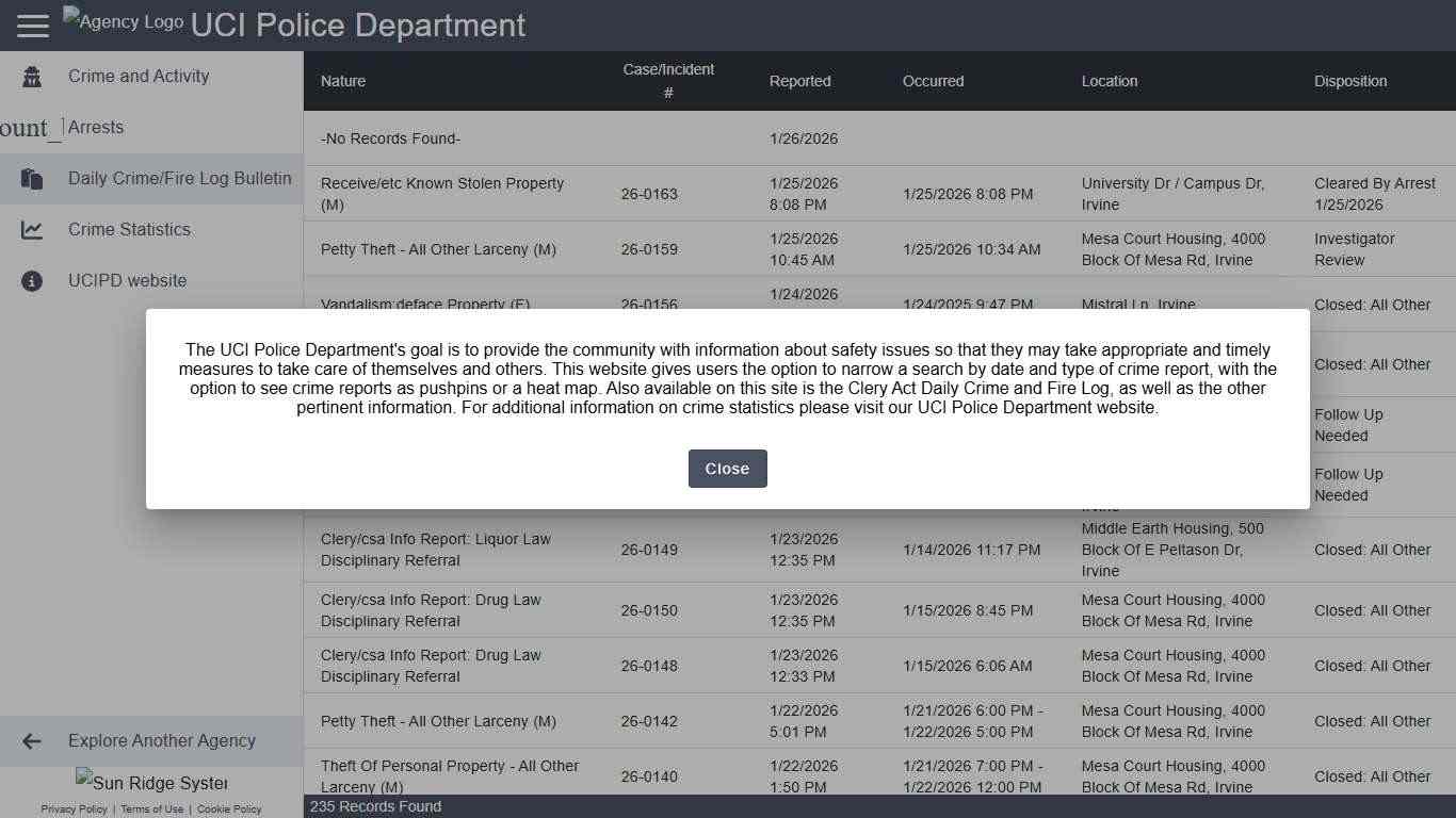 UCI Police Department - Daily Crime/Fire Log Bulletin