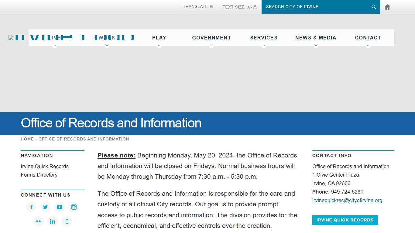 Office of Records and Information City of Irvine